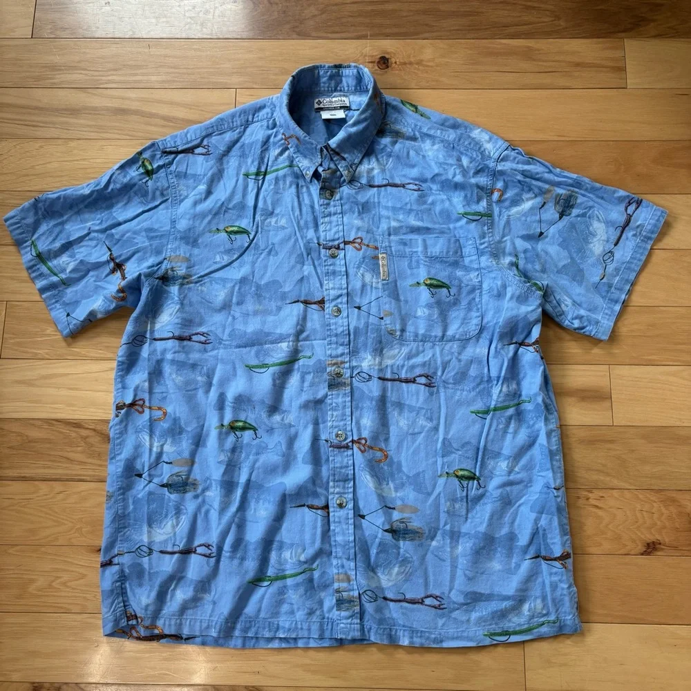 Columbia Fishing Lures Button Down Shirt Mens Sz XL Blue Short Sleeve